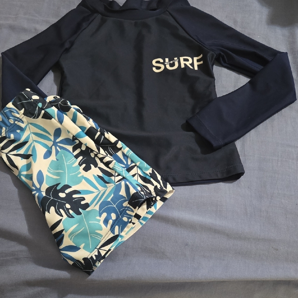Kids Swim Set - Navy and Blue Leaf Print